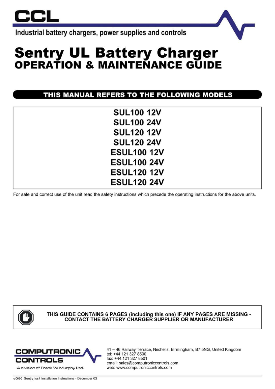 Computronic Controls Sentry User Manual | 6 pages