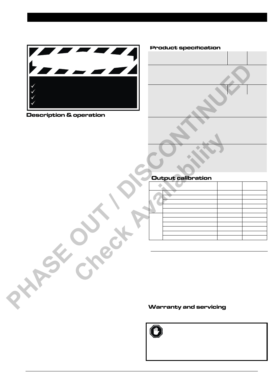 Phase out / discontinued check availability, Warning, Description & operation | Warranty and servicing, Product specification, Output calibration | Computronic Controls Sentinel 70 User Manual | Page 3 / 6