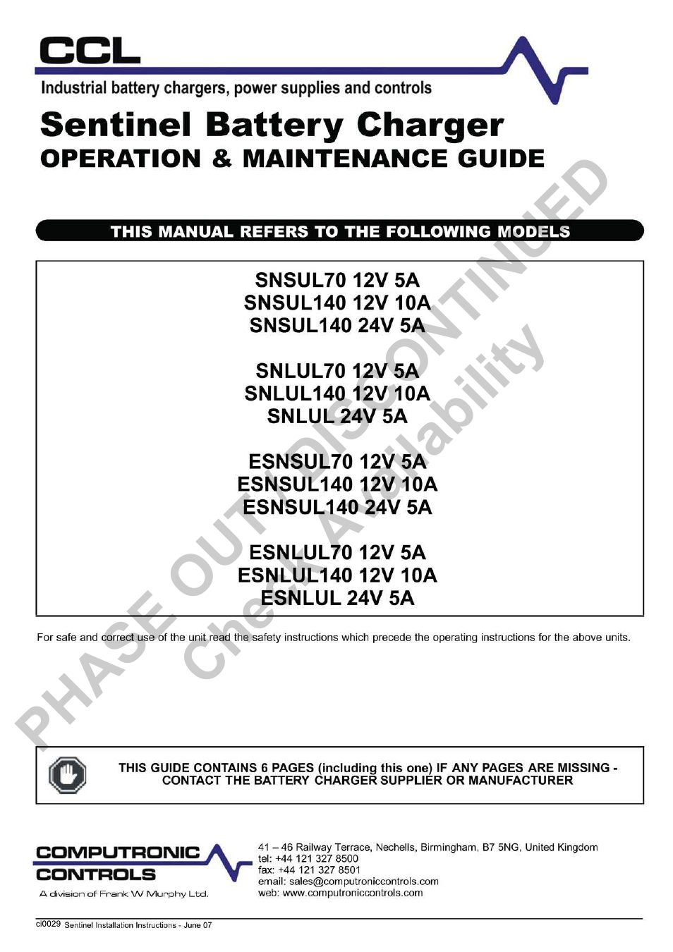 Computronic Controls Sentinel UL 70 User Manual | 6 pages