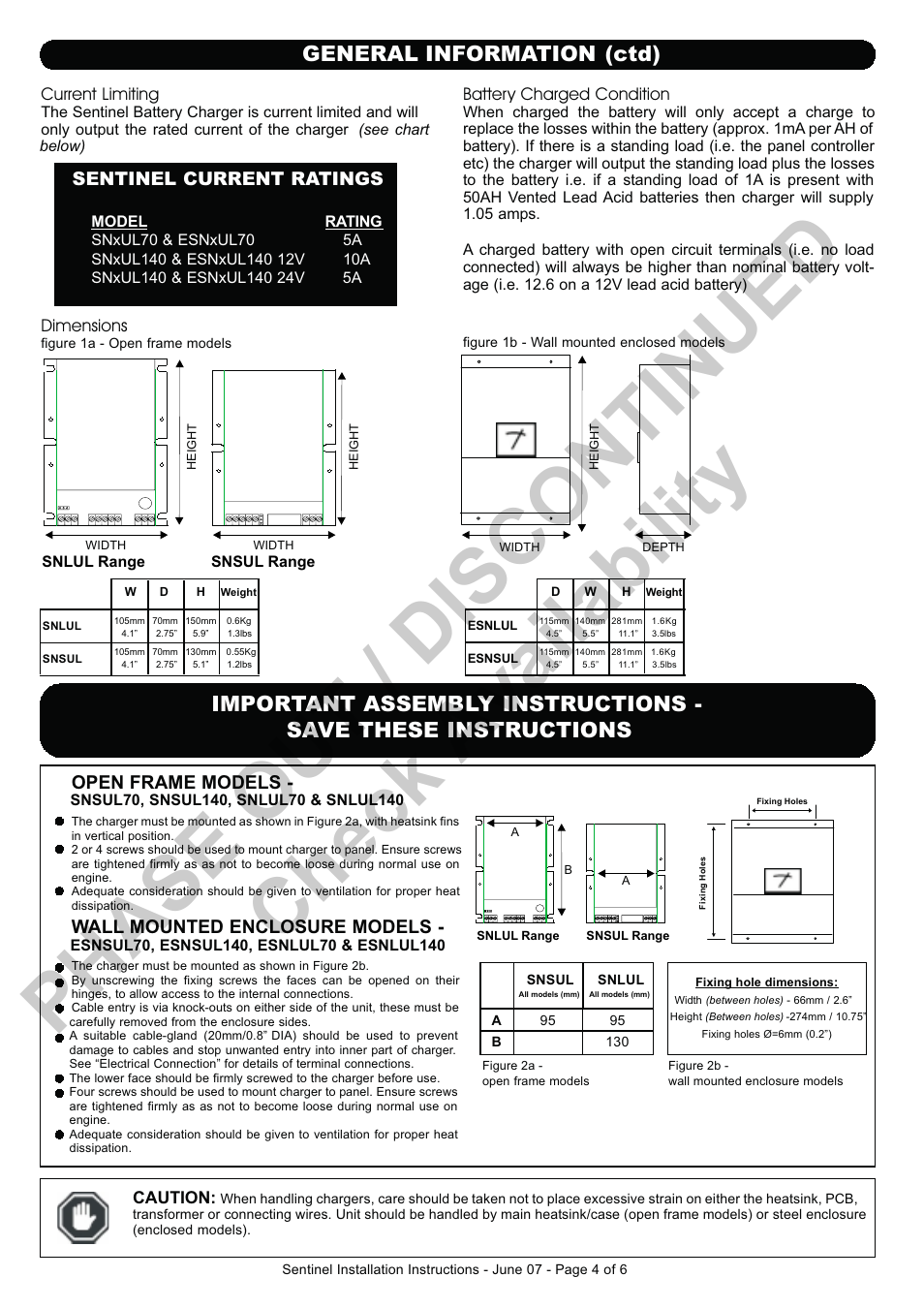 Phase out / discontinued check availability, General information (ctd), Sentinel current ratings | Open frame models, Wall mounted enclosure models | Computronic Controls Sentinel UL 70 User Manual | Page 4 / 6