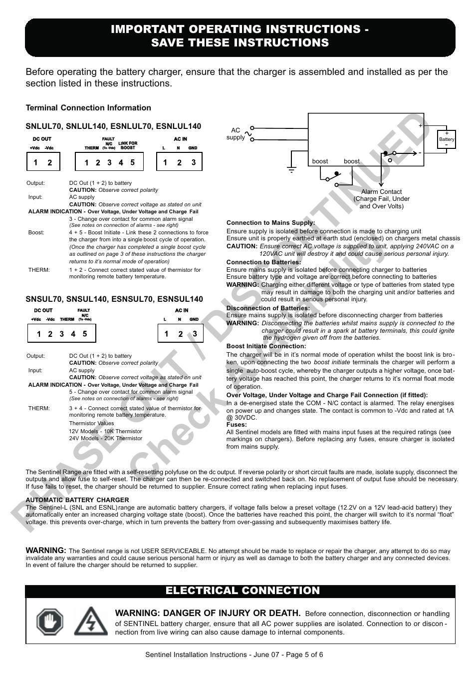 Phase out / discontinued check availability, Electrical connection | Computronic Controls Sentinel UL 70 User Manual | Page 5 / 6