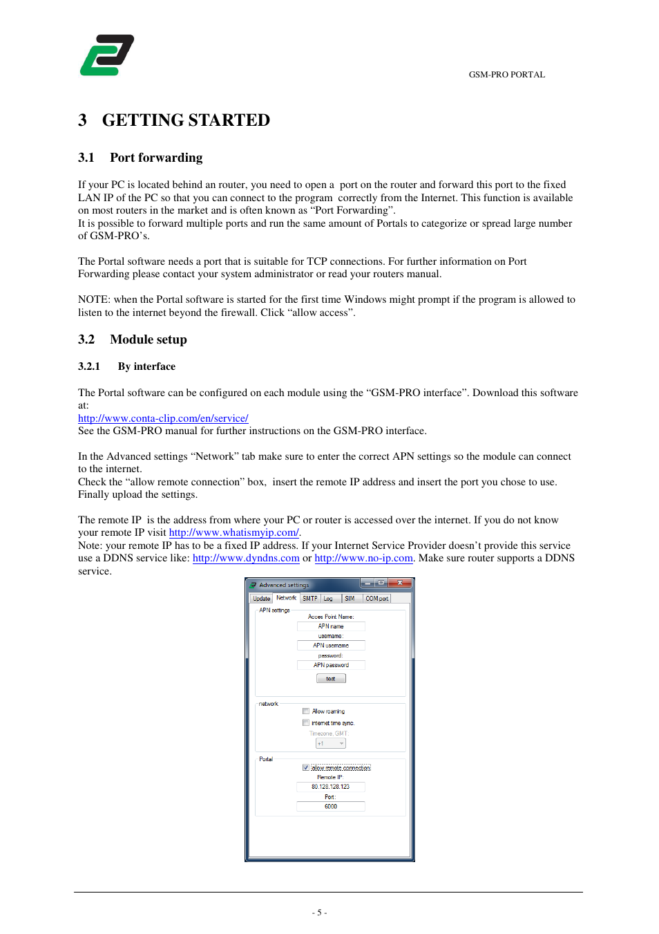 3getting started, 1 port forwarding, 2 module setup | CONTA-CLIP GSM-PRO Portal User Manual | Page 6 / 18