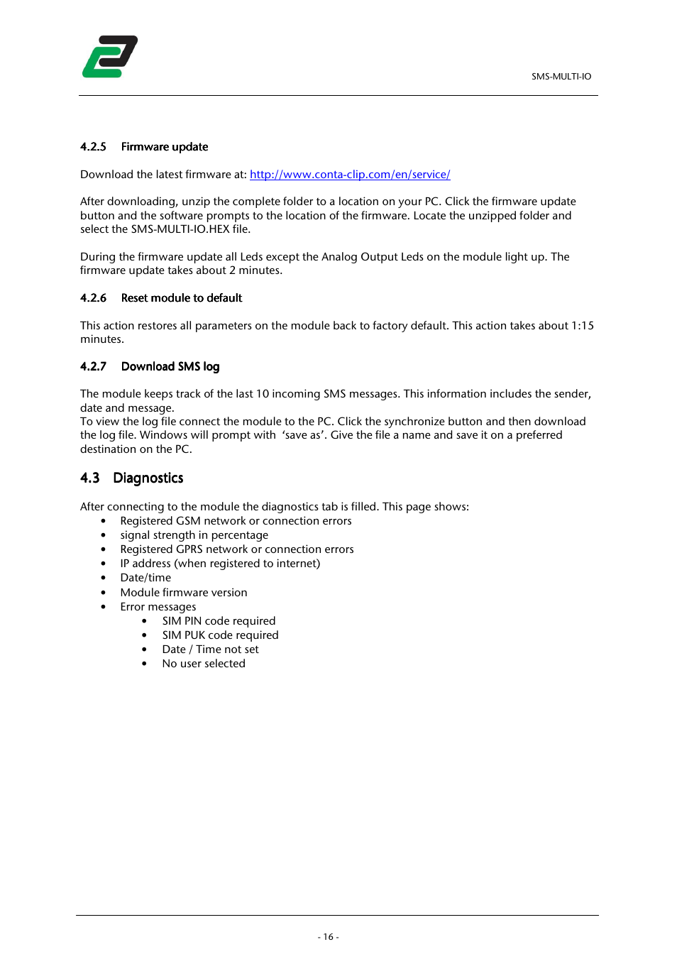 3 diagnostics diagnostics diagnostics diagnostics | CONTA-CLIP SMS-MULTI I/O User Manual | Page 17 / 35