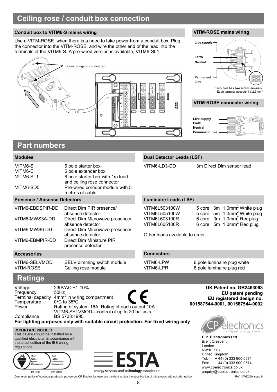 Part numbers ratings, Ceiling rose / conduit box connection | CP Electronics VITM 6 User Manual | Page 8 / 8