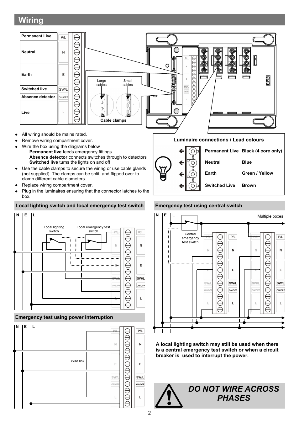 Do not wire across phases, Wiring | CP Electronics VITM4 (old ceiling rose) User Manual | Page 2 / 4