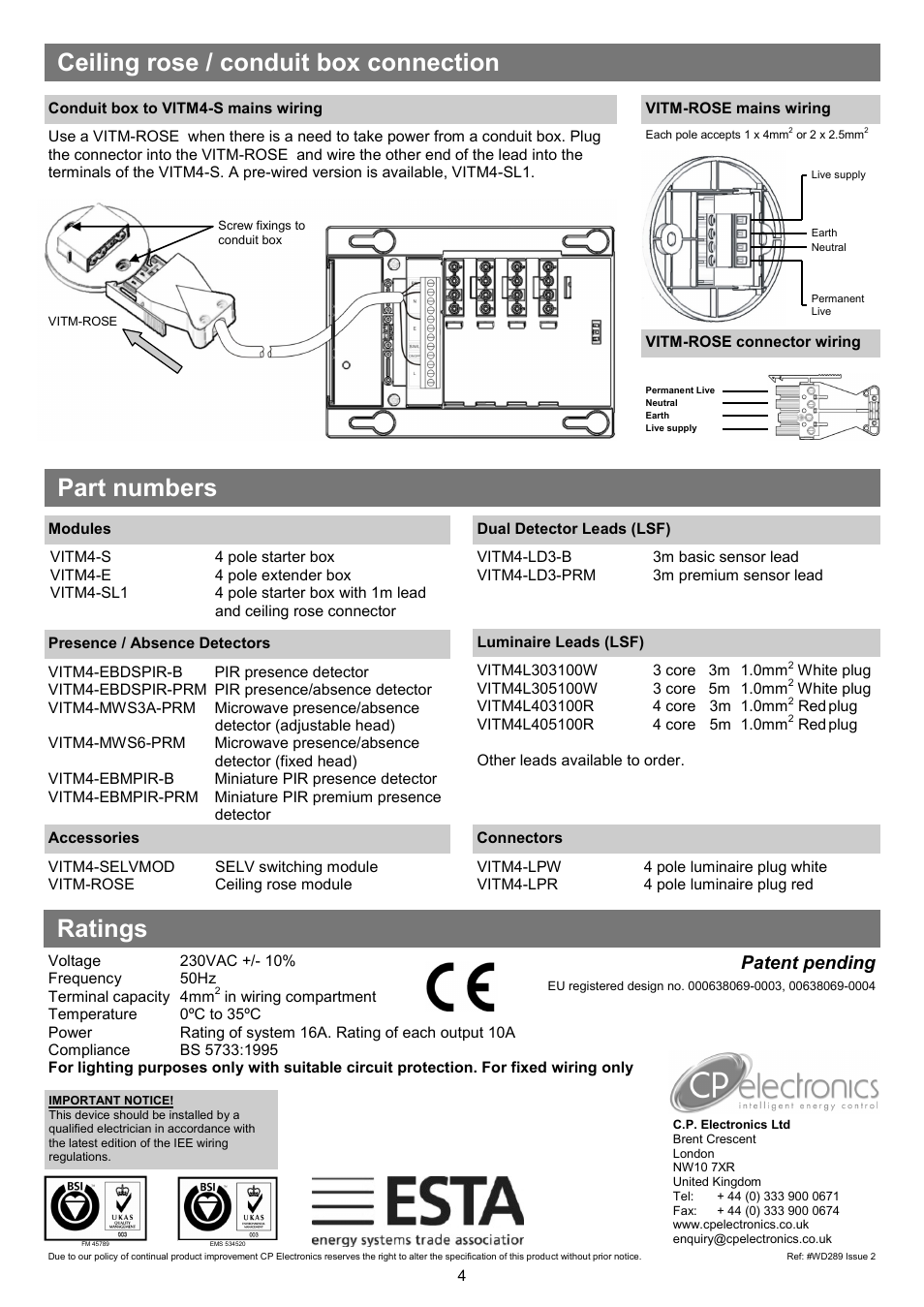 Patent pending | CP Electronics VITM4 (old ceiling rose) User Manual | Page 4 / 4