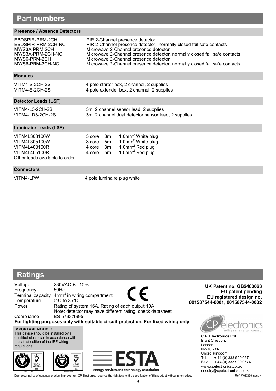 Part numbers, Ratings | CP Electronics VITM4-2CH-2S User Manual | Page 8 / 8