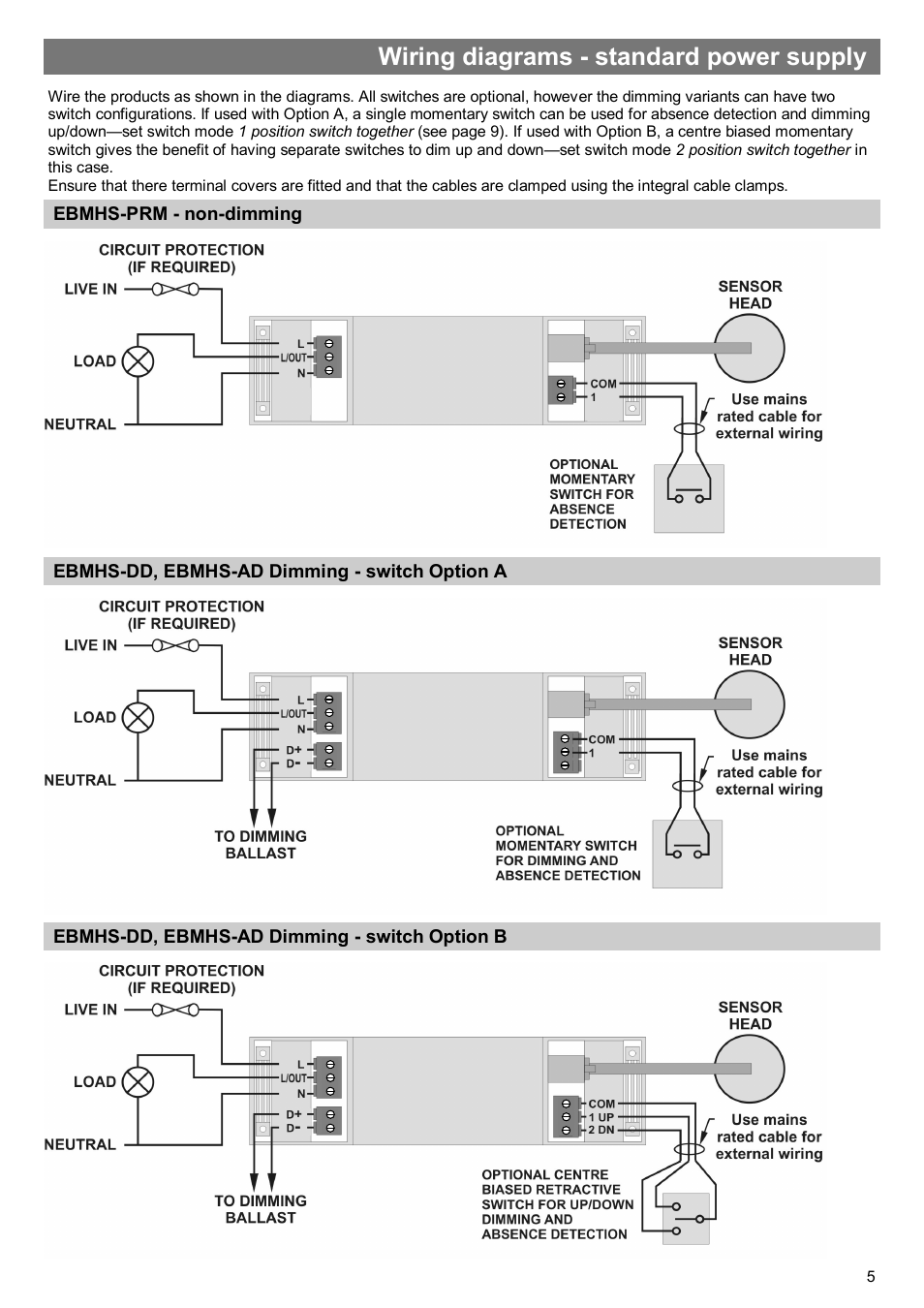 Wiring diagrams - standard power supply | CP Electronics VITM4-EBMHS-PRM User Manual | Page 5 / 12