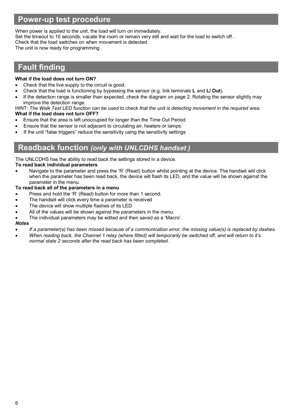 Readback function, Power-up test procedure, Fault finding | Only with unlcdhs handset ) | CP Electronics VITM4-EBMHS-PRM User Manual | Page 6 / 12