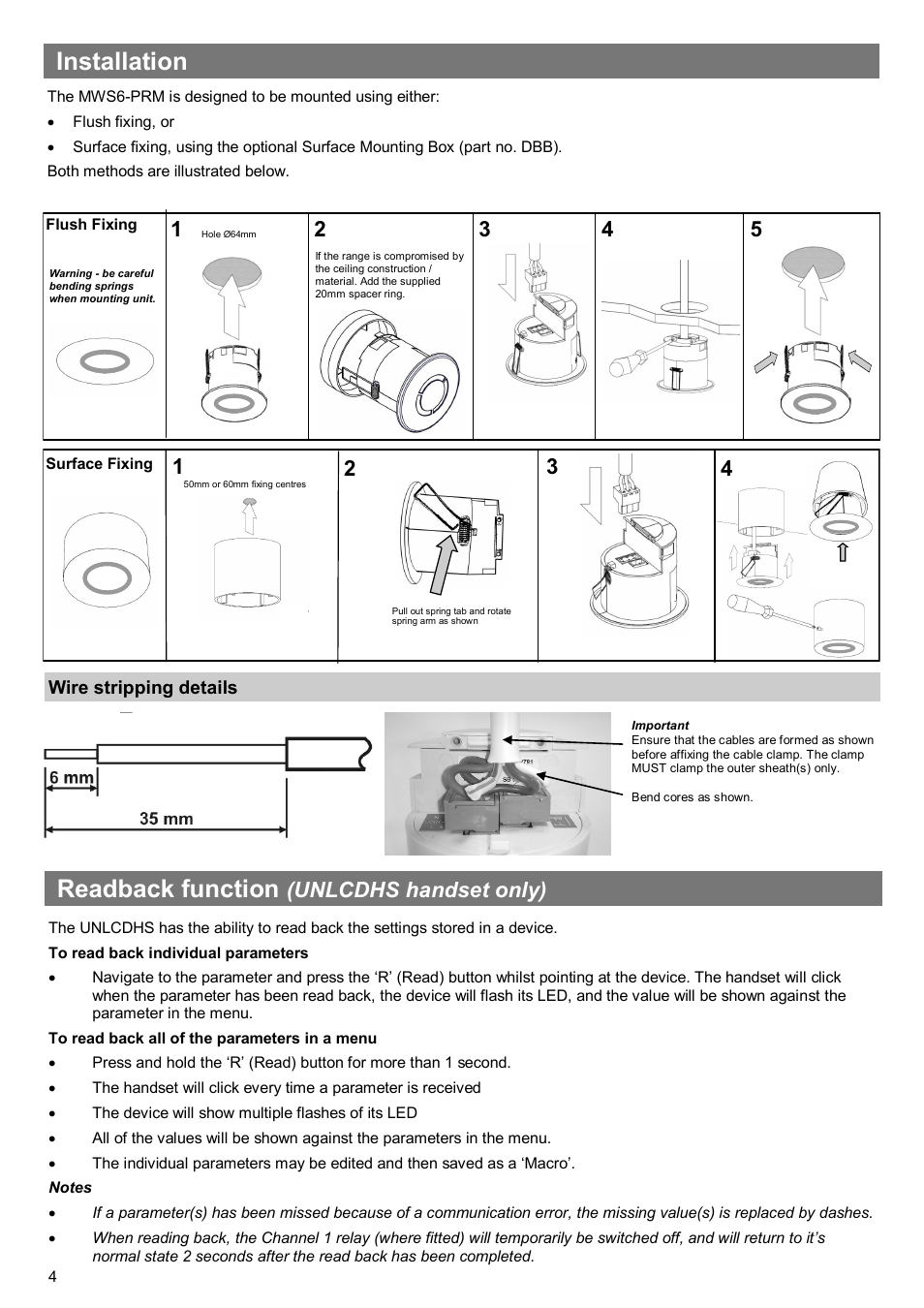 Installation, Readback function, Unlcdhs handset only) | CP Electronics VITM4-MWS6-PRM User Manual | Page 4 / 8