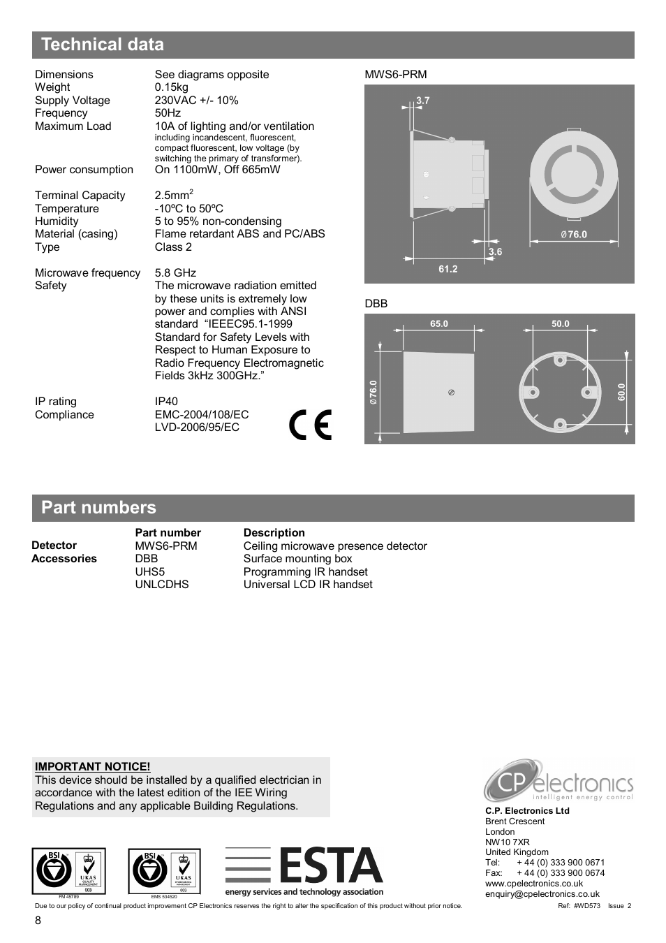 Technical data part numbers | CP Electronics VITM4-MWS6-PRM User Manual | Page 8 / 8