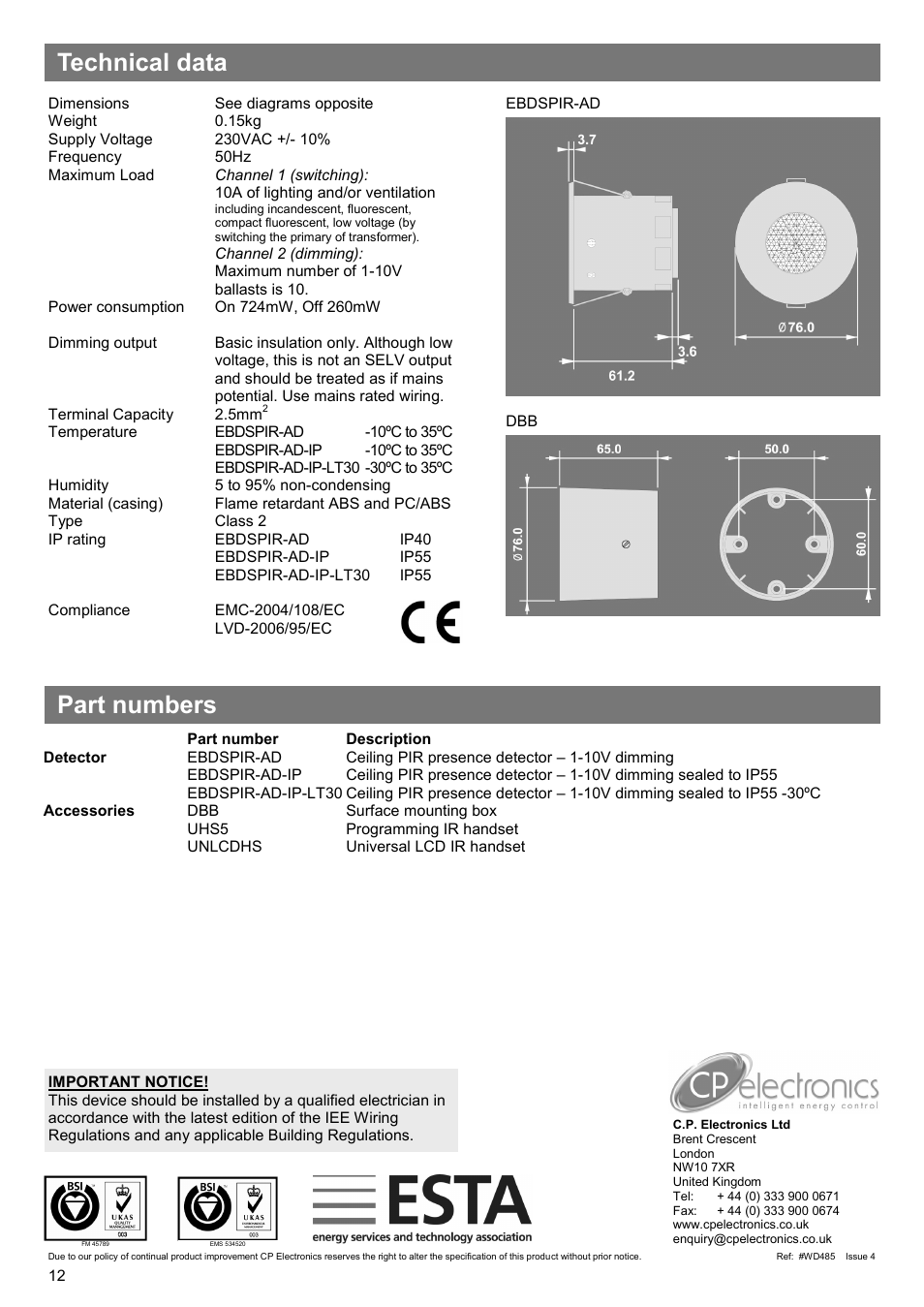 Technical data part numbers | CP Electronics VITM6-EBDSPIR-AD User Manual | Page 12 / 12