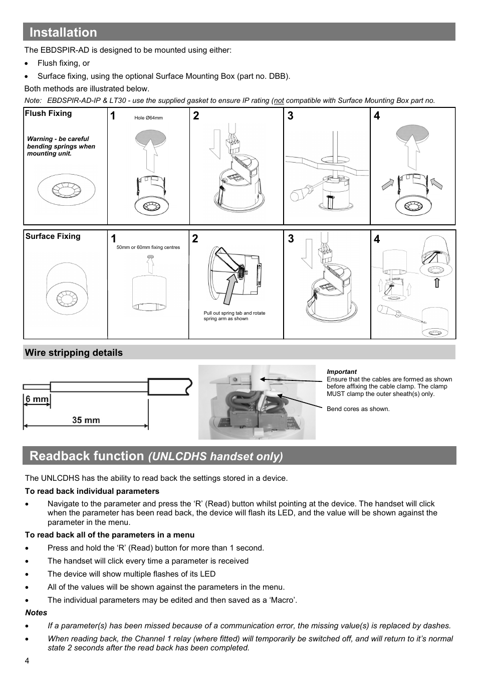 Installation, Readback function, Unlcdhs handset only) | CP Electronics VITM6-EBDSPIR-AD User Manual | Page 4 / 12