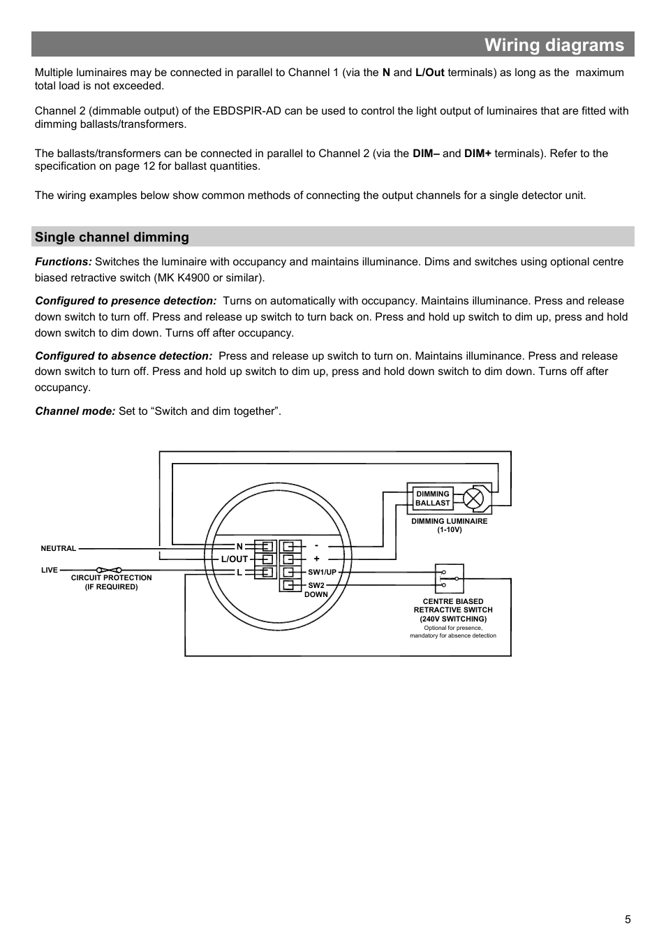 Wiring diagrams, Single channel dimming | CP Electronics VITM6-EBDSPIR-AD User Manual | Page 5 / 12