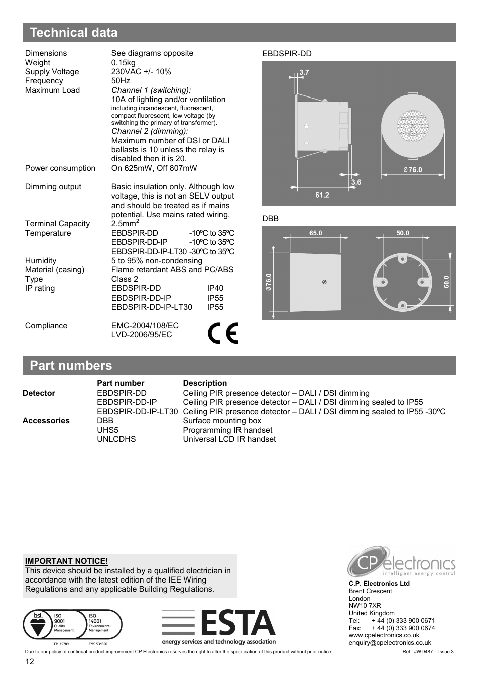 Technical data part numbers | CP Electronics VITM6-EBDSPIR-DD User Manual | Page 12 / 12