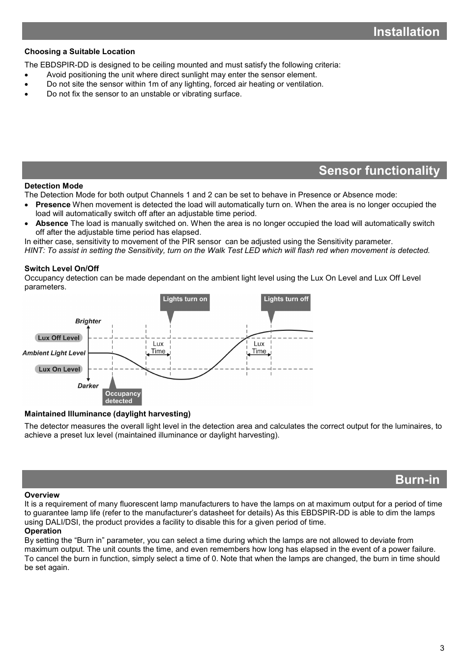 Installation, Sensor functionality, Burn-in | CP Electronics VITM6-EBDSPIR-DD User Manual | Page 3 / 12