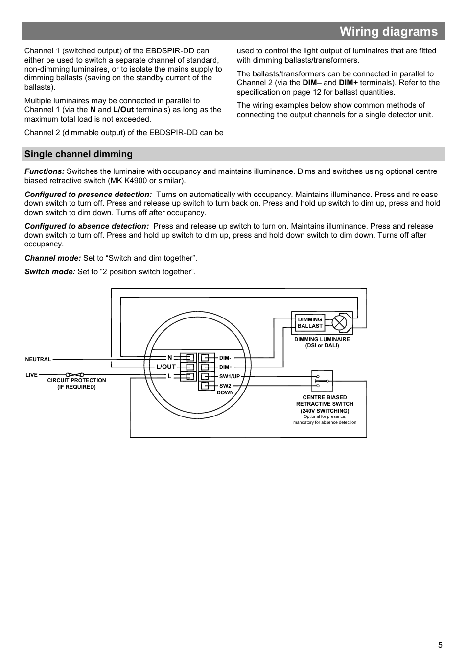 Wiring diagrams, Single channel dimming | CP Electronics VITM6-EBDSPIR-DD User Manual | Page 5 / 12