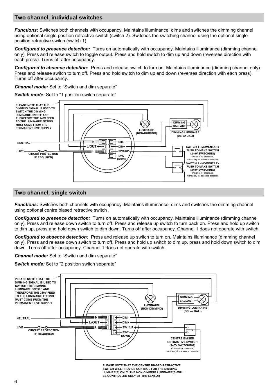 Two channel, individual switches, Two channel, single switch | CP Electronics VITM6-EBDSPIR-DD User Manual | Page 6 / 12