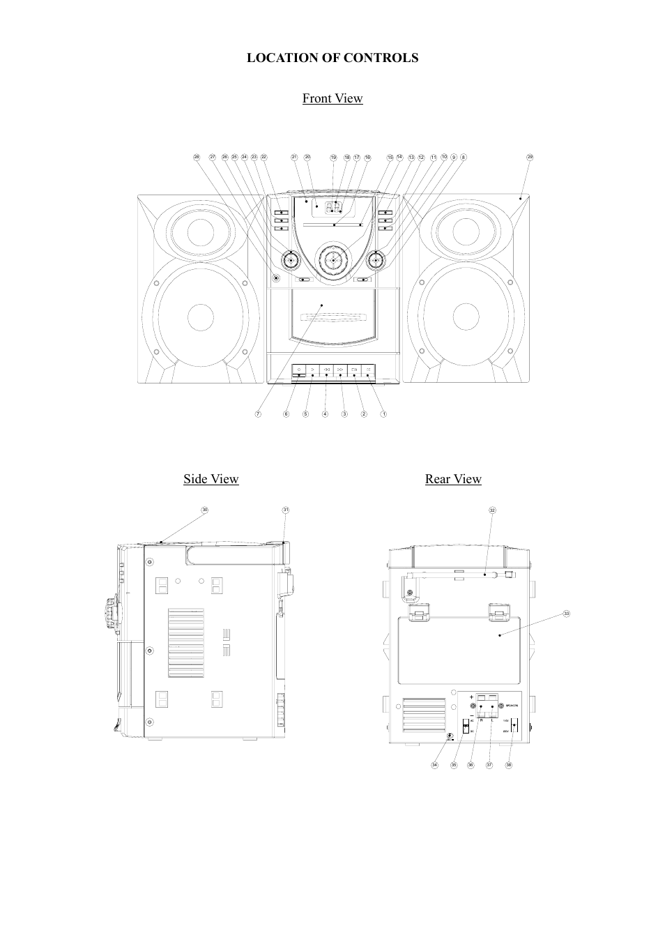Front view, Location of controls front view side view, Rear view | COBY electronic COBY CX CX-CD400 User Manual | Page 2 / 10