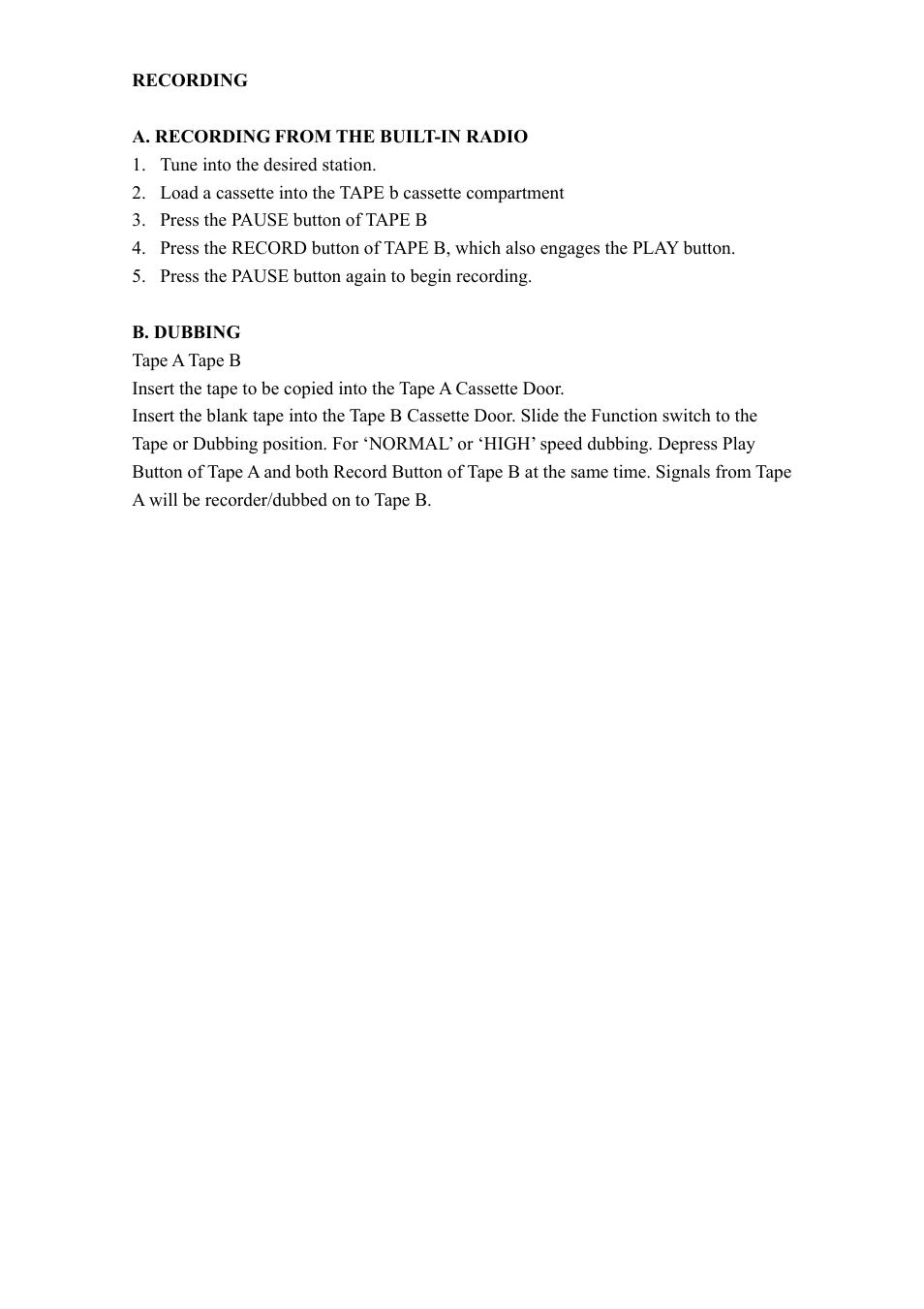 A. recording from the built-in radio, B. dubbing | COBY electronic COBY CX CX-CD400 User Manual | Page 6 / 10