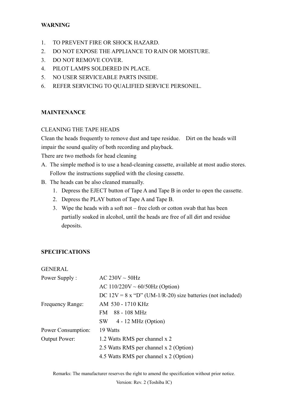 Maintenance, Specifications | COBY electronic COBY CX CX-CD400 User Manual | Page 8 / 10