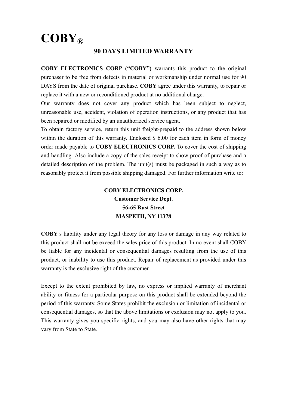 90 days limited warranty, Coby | COBY electronic COBY CX CX-CD400 User Manual | Page 9 / 10