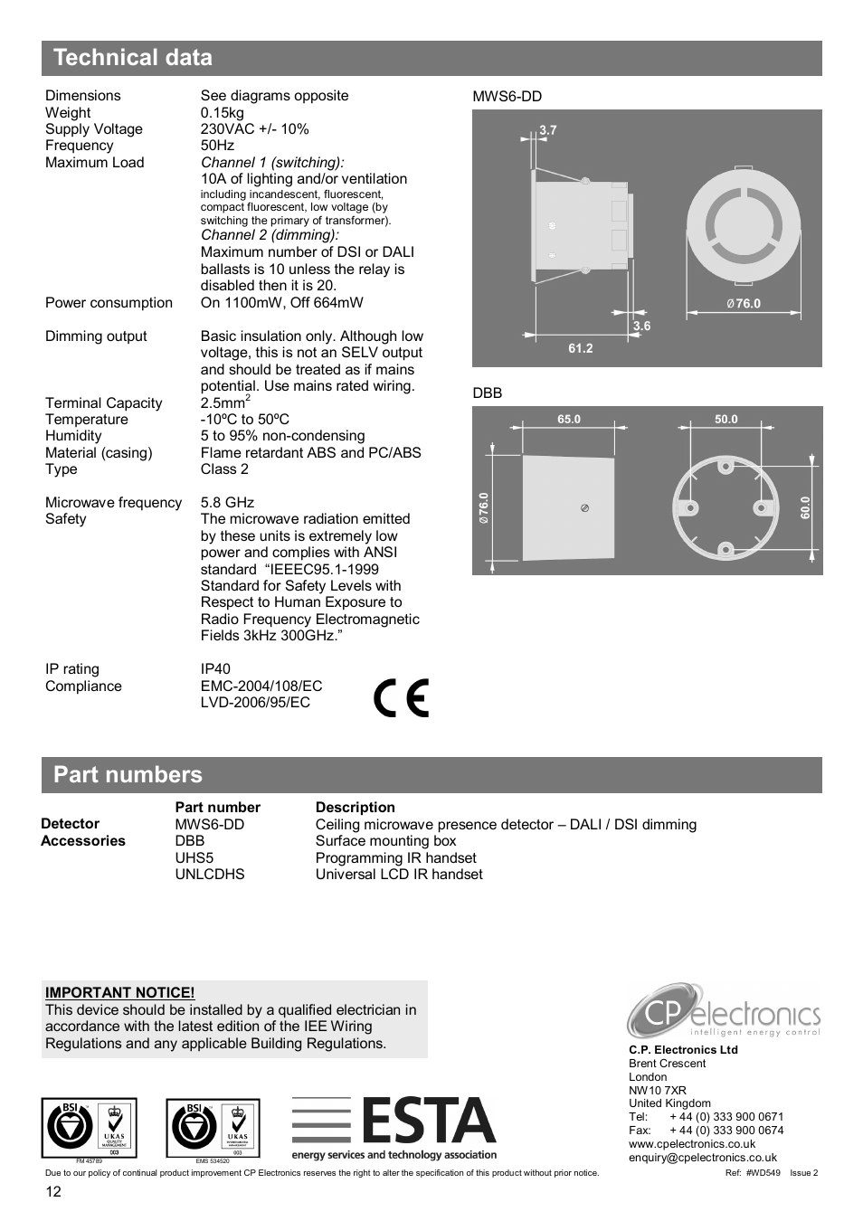 Technical data part numbers | CP Electronics VITM6-MWS6-DD User Manual | Page 12 / 12