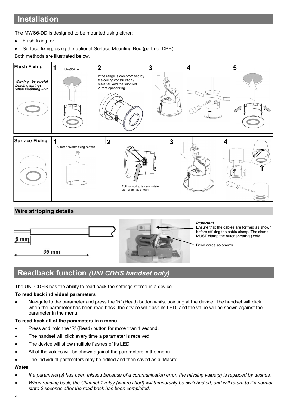 Installation, Readback function, Unlcdhs handset only) | CP Electronics VITM6-MWS6-DD User Manual | Page 4 / 12