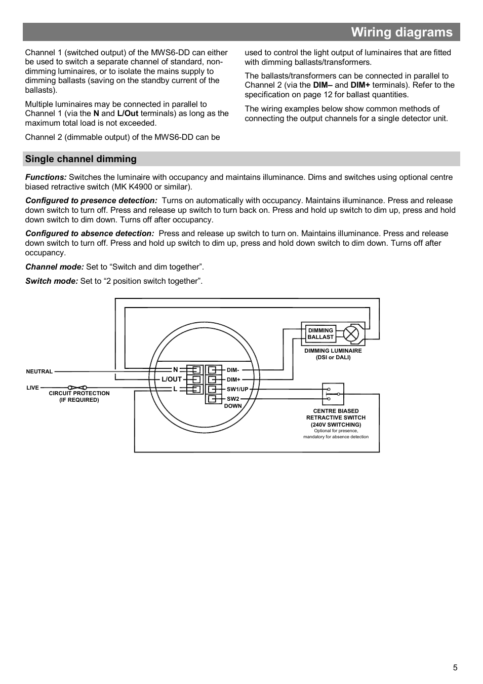 Wiring diagrams, Single channel dimming | CP Electronics VITM6-MWS6-DD User Manual | Page 5 / 12
