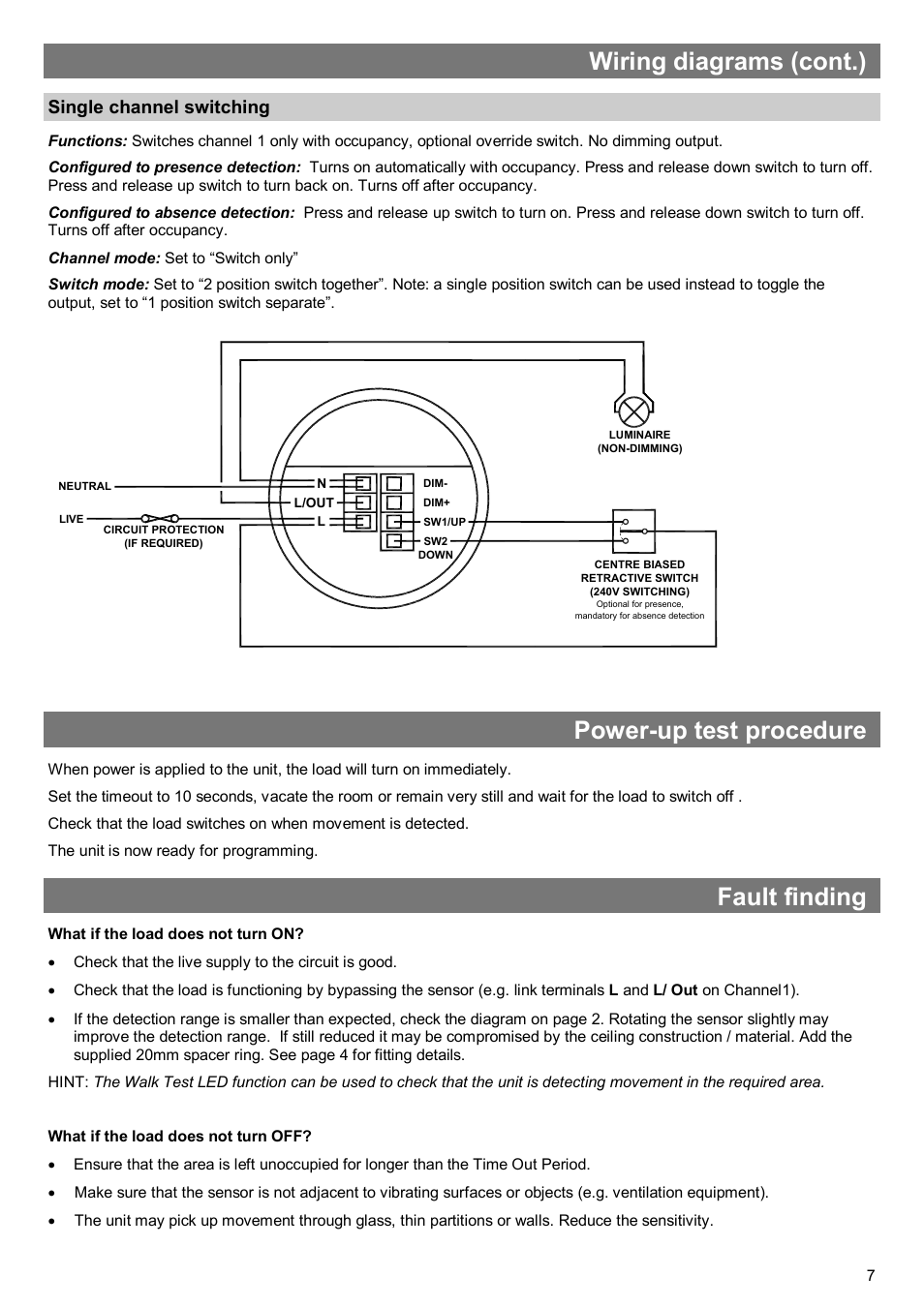 Power-up test procedure, Fault finding, Wiring diagrams (cont.) | Single channel switching | CP Electronics VITM6-MWS6-DD User Manual | Page 7 / 12