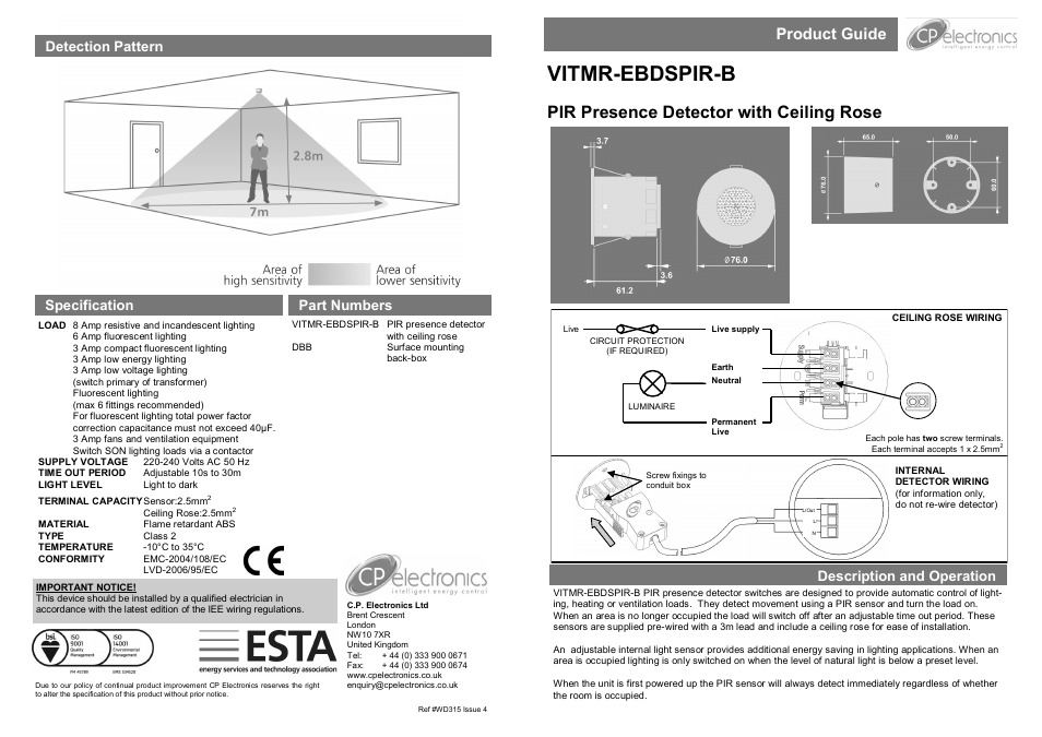 CP Electronics VITMR-EBDSPIR-B User Manual | 2 pages