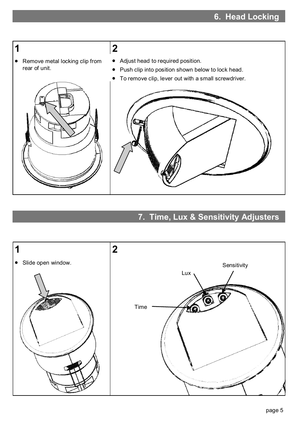 Head locking 7. time, lux & sensitivity adjusters | CP Electronics VITMR-MWS3A-PRM User Manual | Page 5 / 8