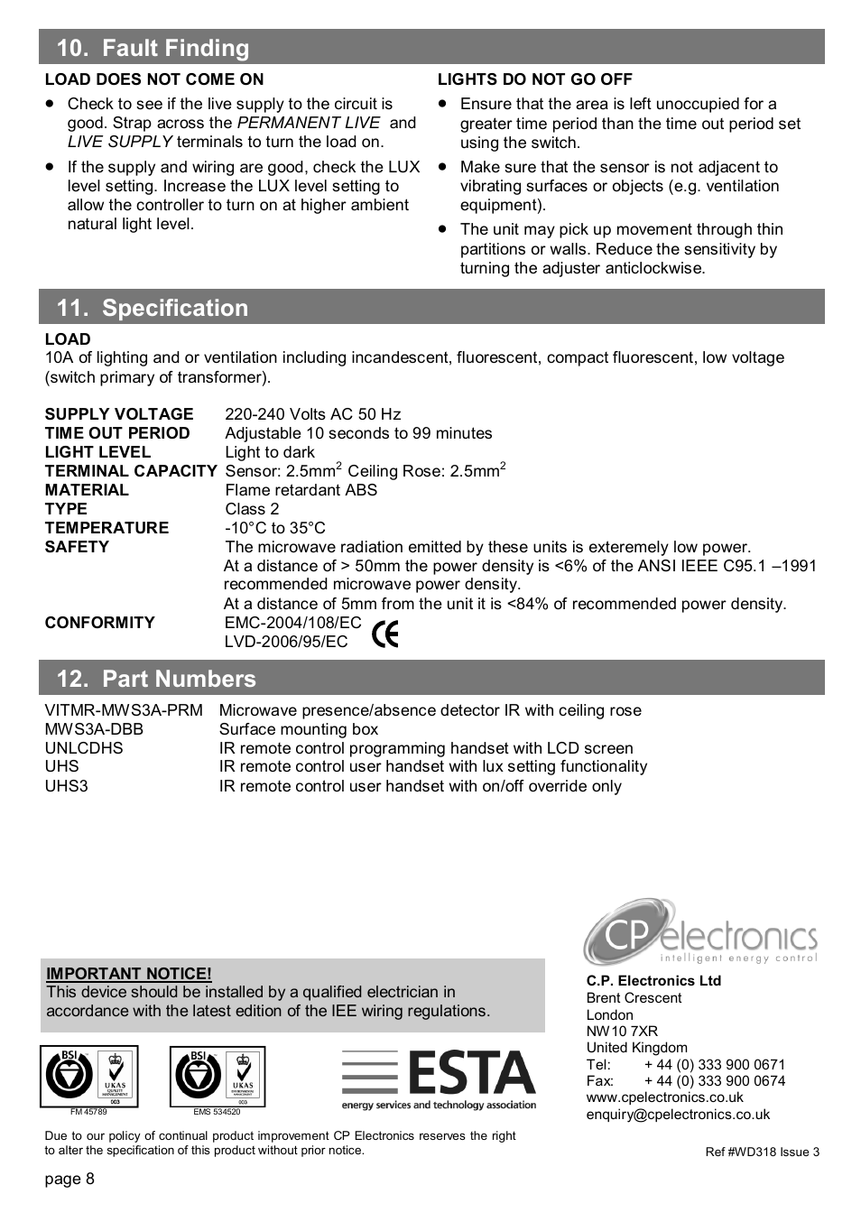 Part numbers 11. specification, Fault finding | CP Electronics VITMR-MWS3A-PRM User Manual | Page 8 / 8