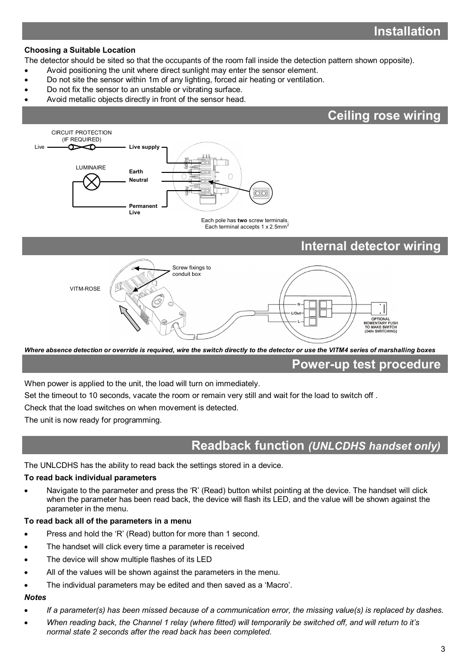Installation, Power-up test procedure, Ceiling rose wiring internal detector wiring | Readback function, Unlcdhs handset only) | CP Electronics VITMR-MWS3A-PRM User Manual | Page 3 / 8