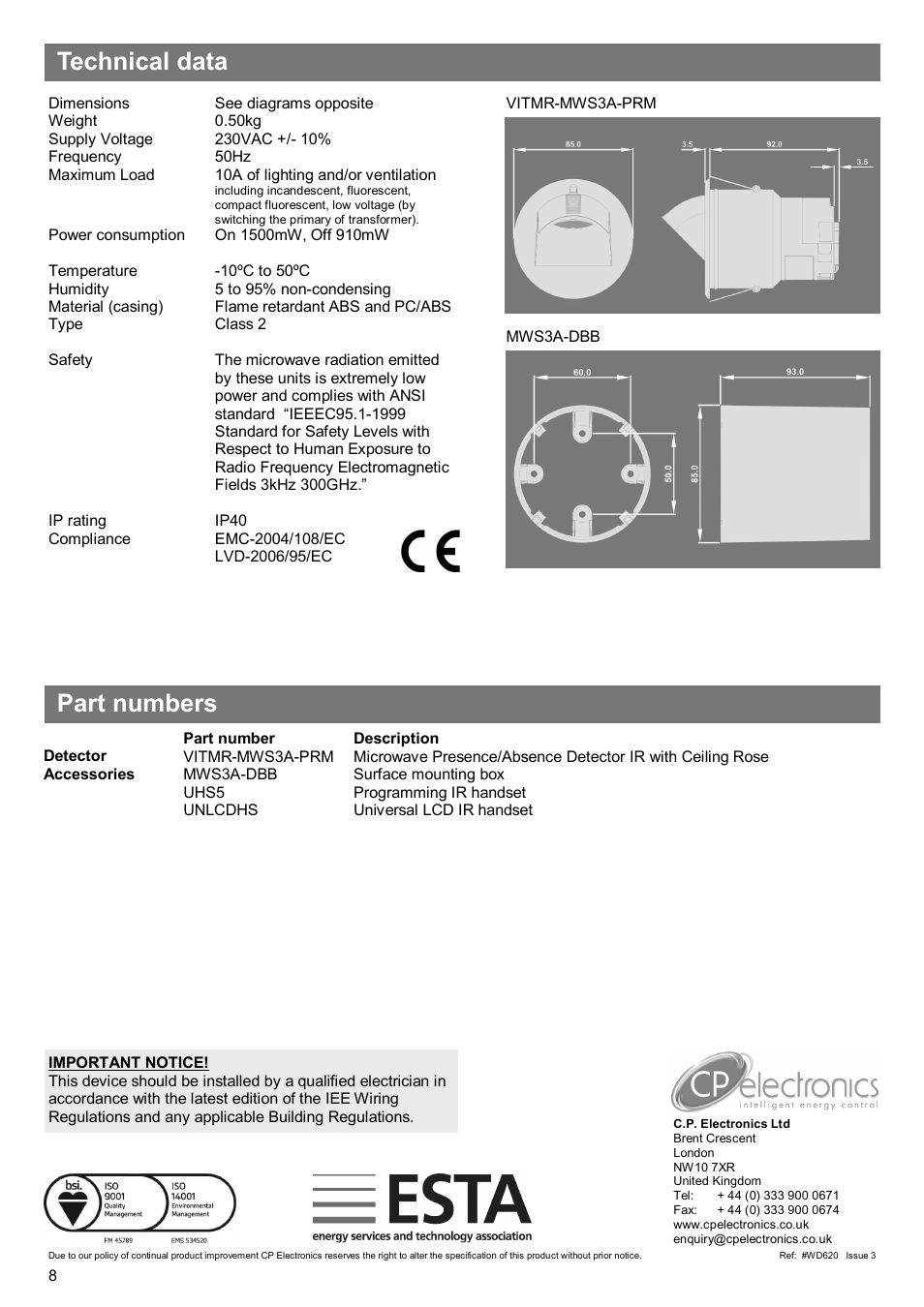 Technical data part numbers | CP Electronics VITMR-MWS3A-PRM User Manual | Page 8 / 8