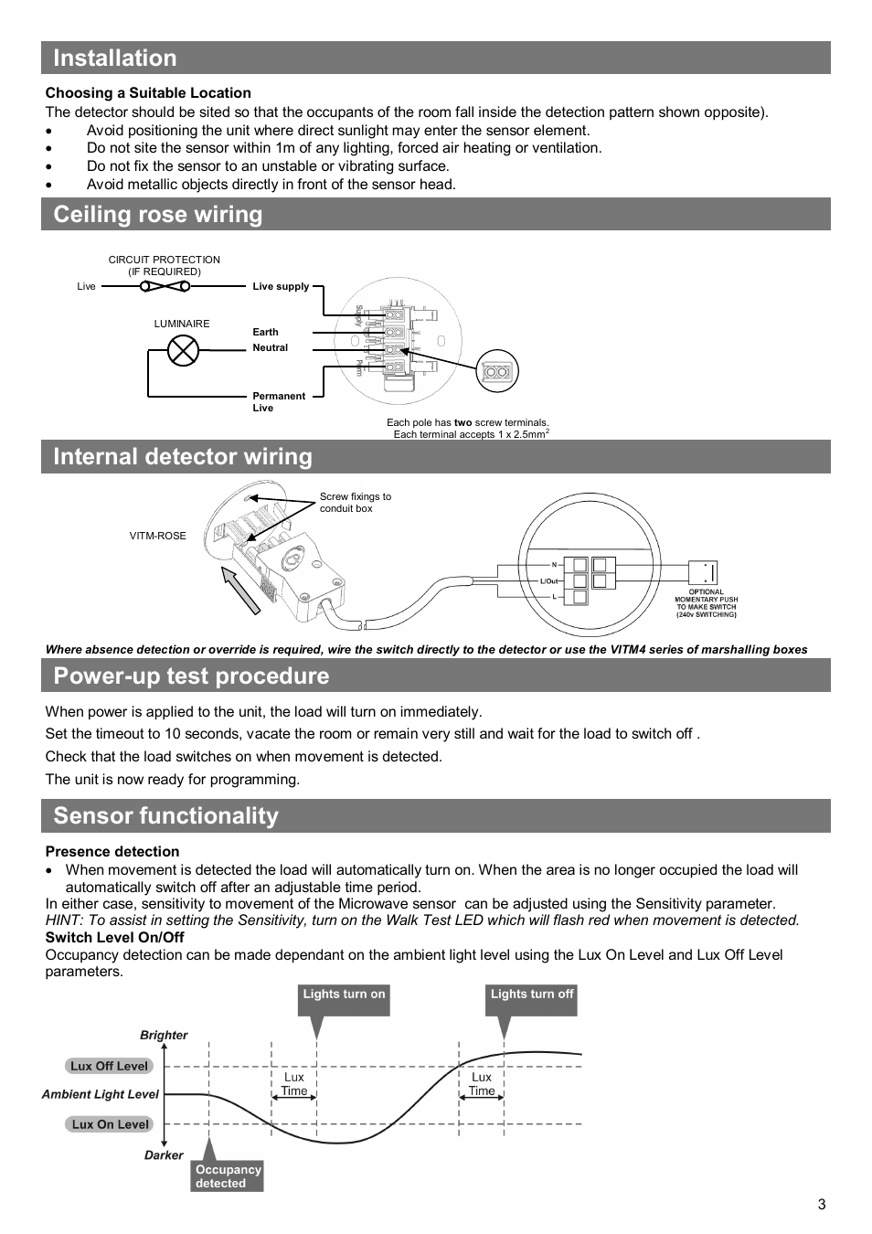 Installation, Sensor functionality, Power-up test procedure | Ceiling rose wiring internal detector wiring | CP Electronics VITMR-MWS6-PRM User Manual | Page 3 / 8