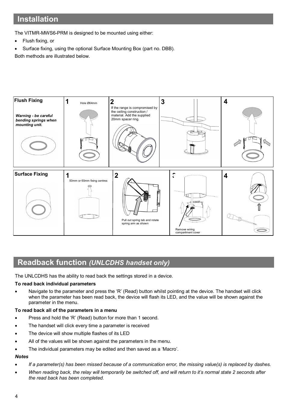 Installation, Readback function, Unlcdhs handset only) | CP Electronics VITMR-MWS6-PRM User Manual | Page 4 / 8