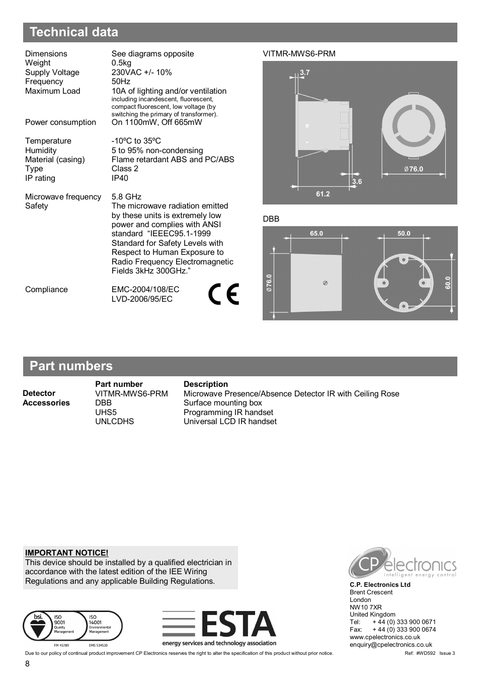 Technical data part numbers | CP Electronics VITMR-MWS6-PRM User Manual | Page 8 / 8