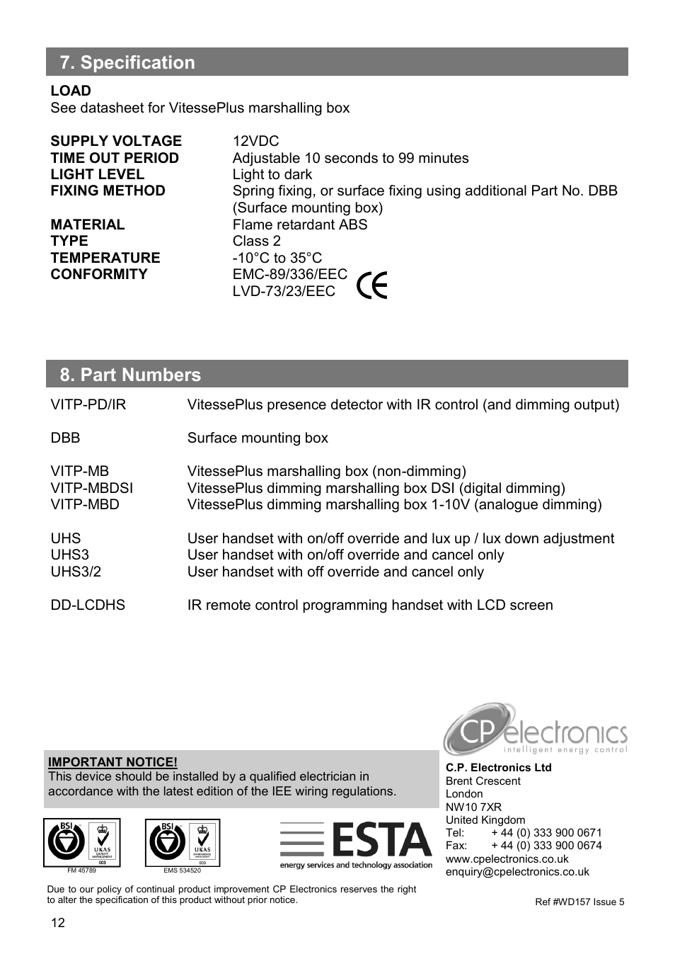 Specification 8. part numbers | CP Electronics VITP-IR User Manual | Page 12 / 12