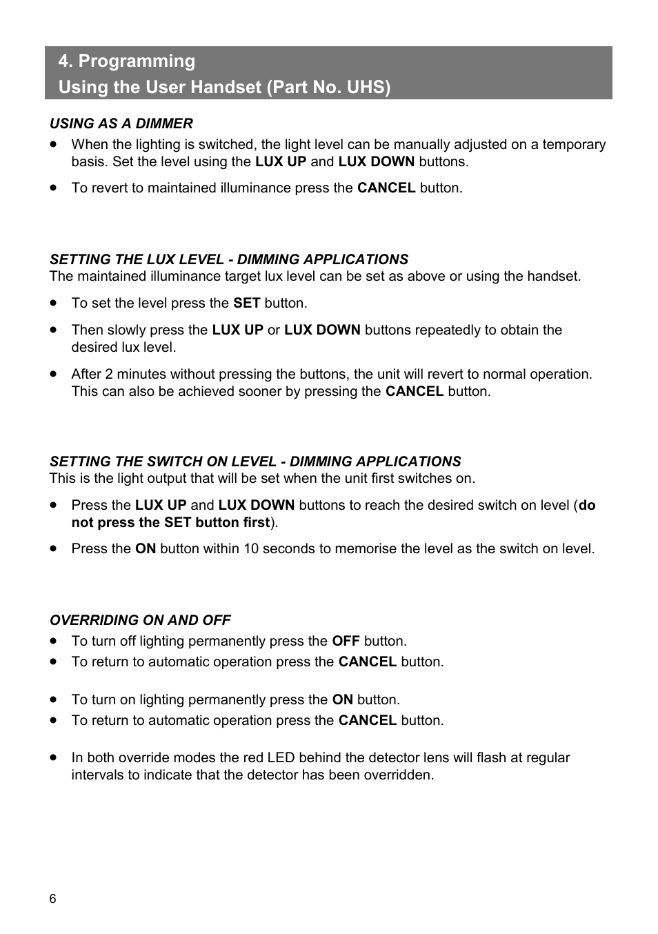 Programming using the user handset (part no. uhs) | CP Electronics VITP-IR User Manual | Page 6 / 12