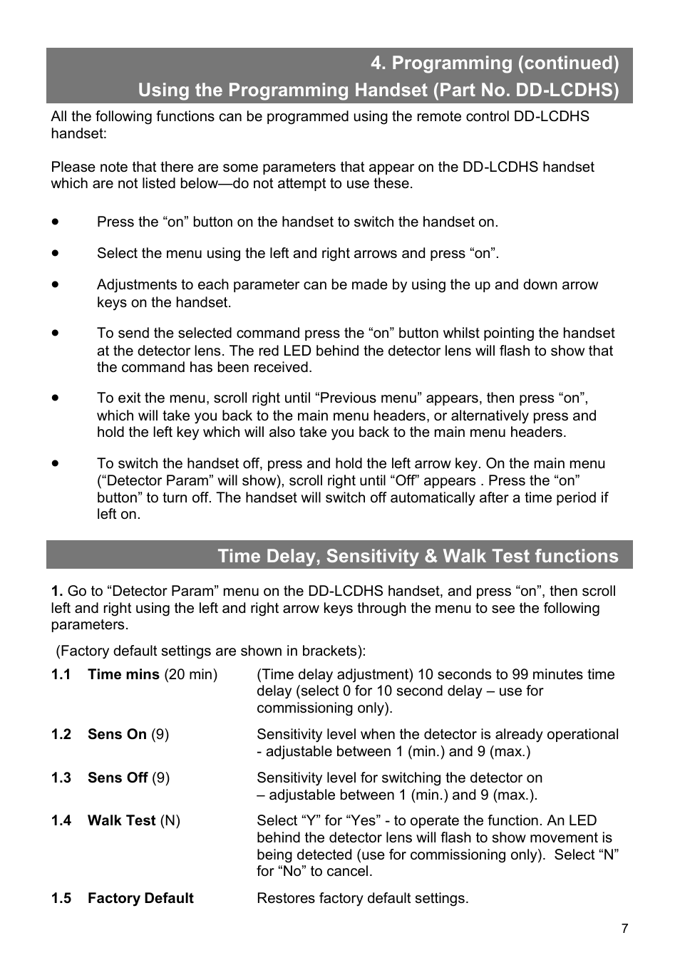 Time delay, sensitivity & walk test functions | CP Electronics VITP-IR User Manual | Page 7 / 12