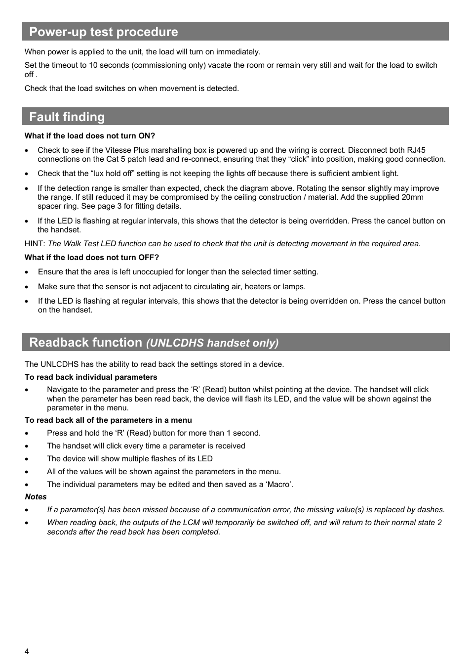 Power-up test procedure, Fault finding, Readback function | Unlcdhs handset only) | CP Electronics VITP-MWS3A User Manual | Page 4 / 8