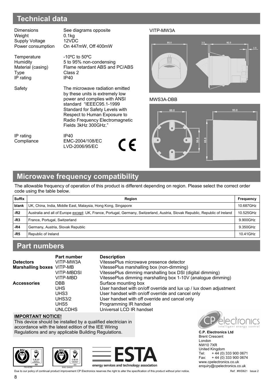 Technical data part numbers, Microwave frequency compatibility | CP Electronics VITP-MWS3A User Manual | Page 8 / 8