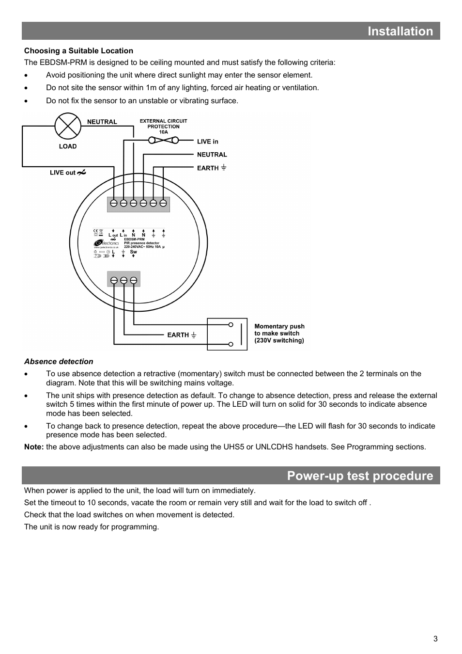 Installation, Power-up test procedure | CP Electronics EBDSM-PRM User Manual | Page 3 / 8