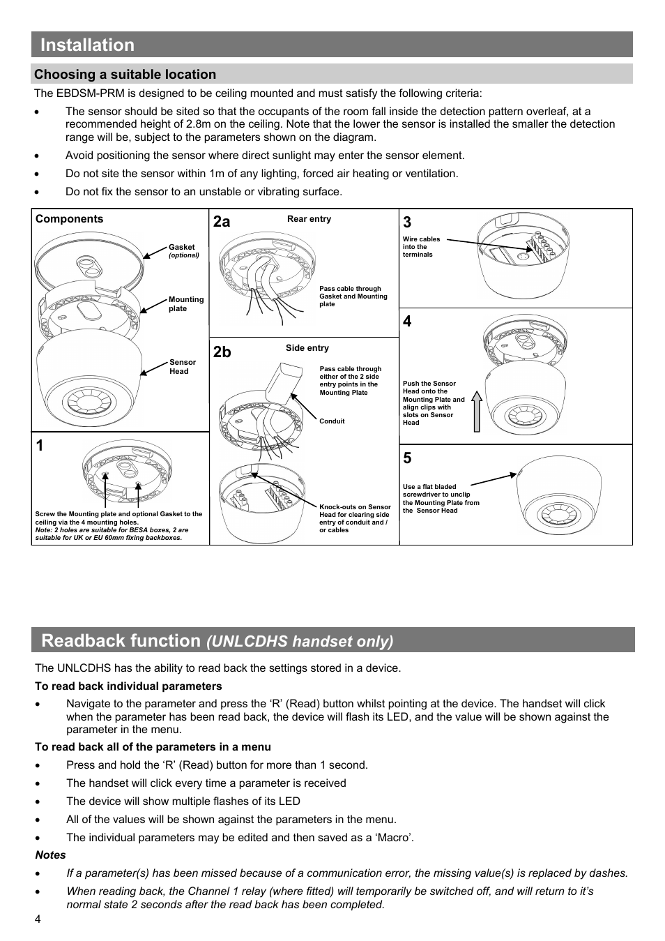 Installation, Readback function, Unlcdhs handset only) | 2a 3 | CP Electronics EBDSM-PRM User Manual | Page 4 / 8
