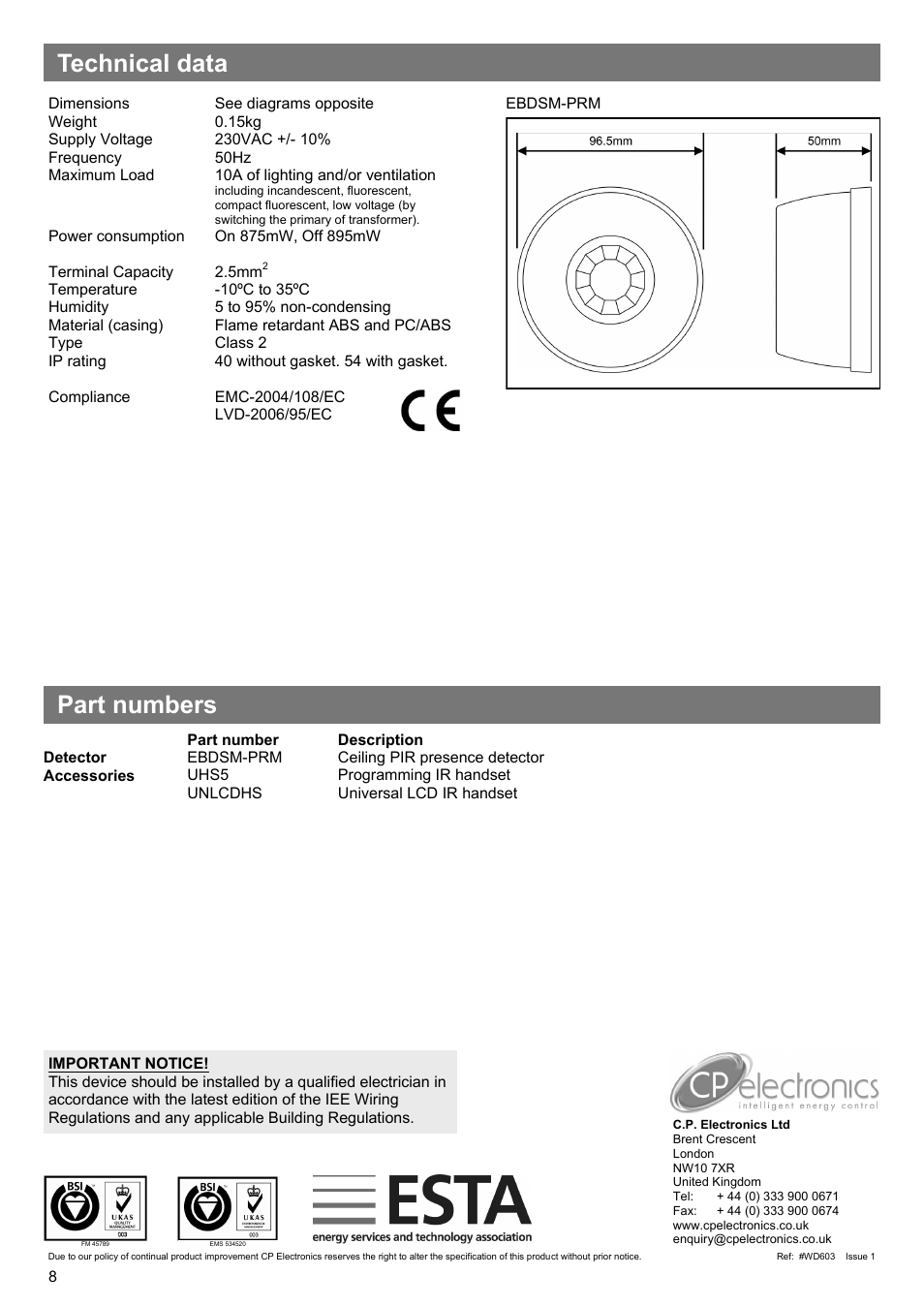 Technical data part numbers | CP Electronics EBDSM-PRM User Manual | Page 8 / 8