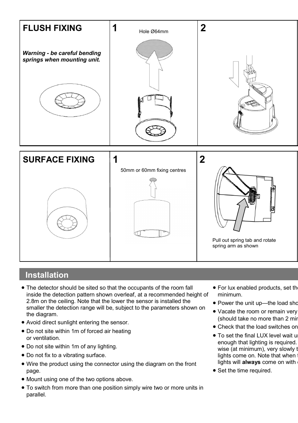 Flush fixing surface fixing, Installation | CP Electronics EBDSPIR-24V-VFC User Manual | Page 2 / 4