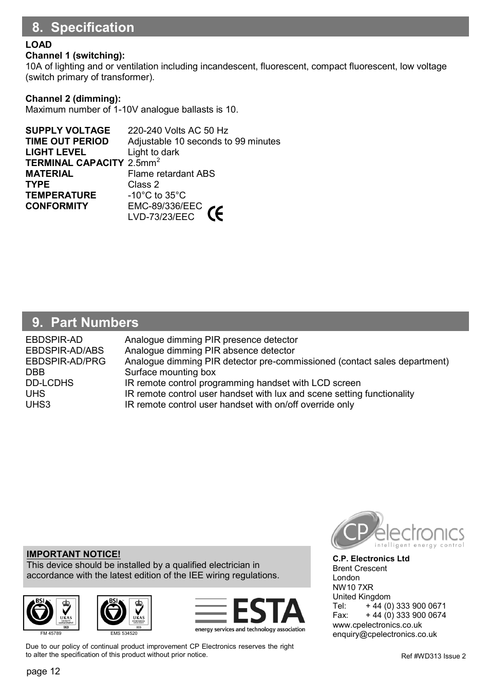Part numbers 8. specification | CP Electronics EBDSPIR-AD User Manual | Page 12 / 12