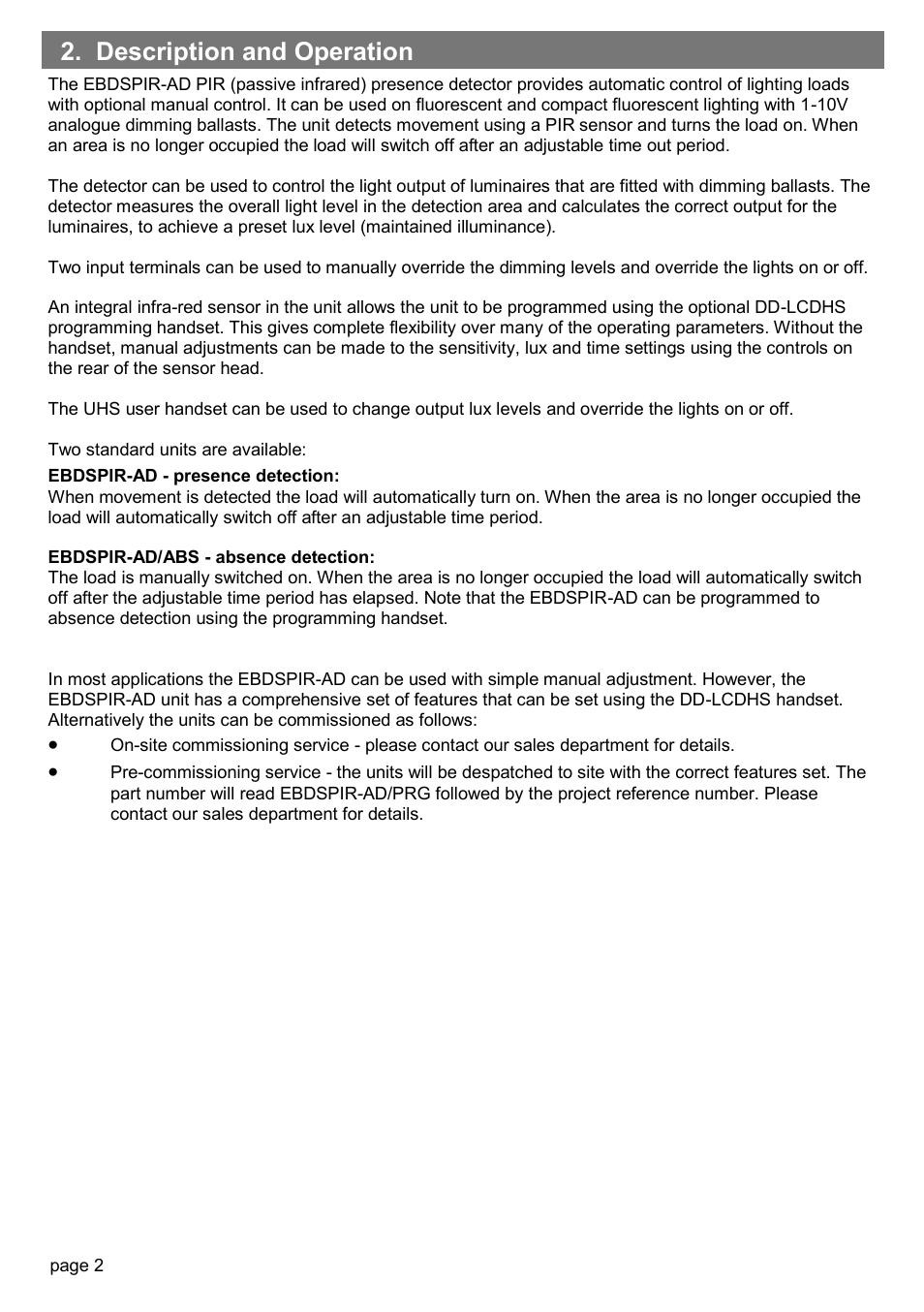 Description and operation | CP Electronics EBDSPIR-AD User Manual | Page 2 / 12