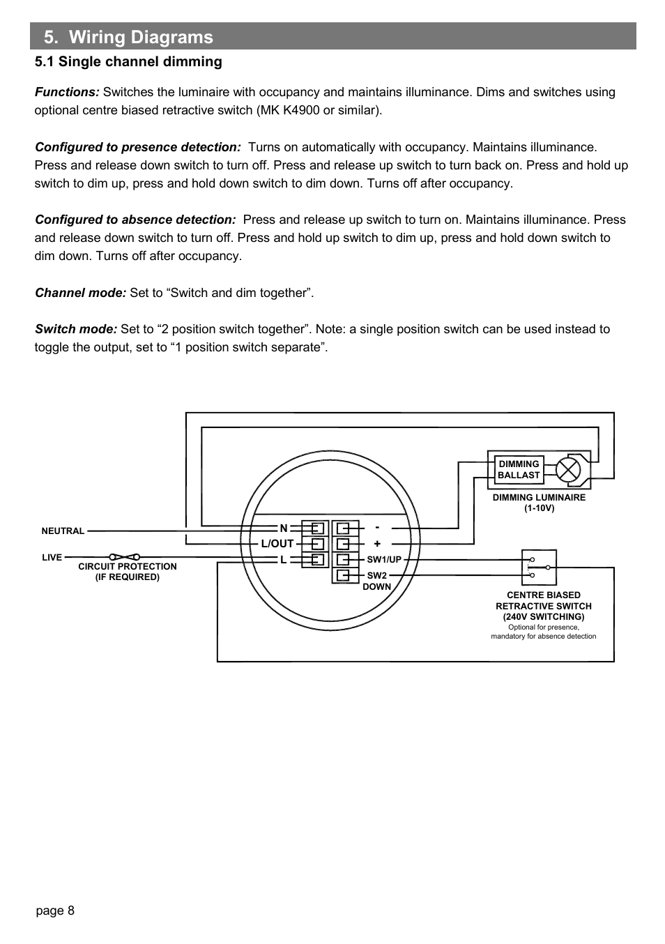 Wiring diagrams, 1 single channel dimming, Page 8 | CP Electronics EBDSPIR-AD User Manual | Page 8 / 12